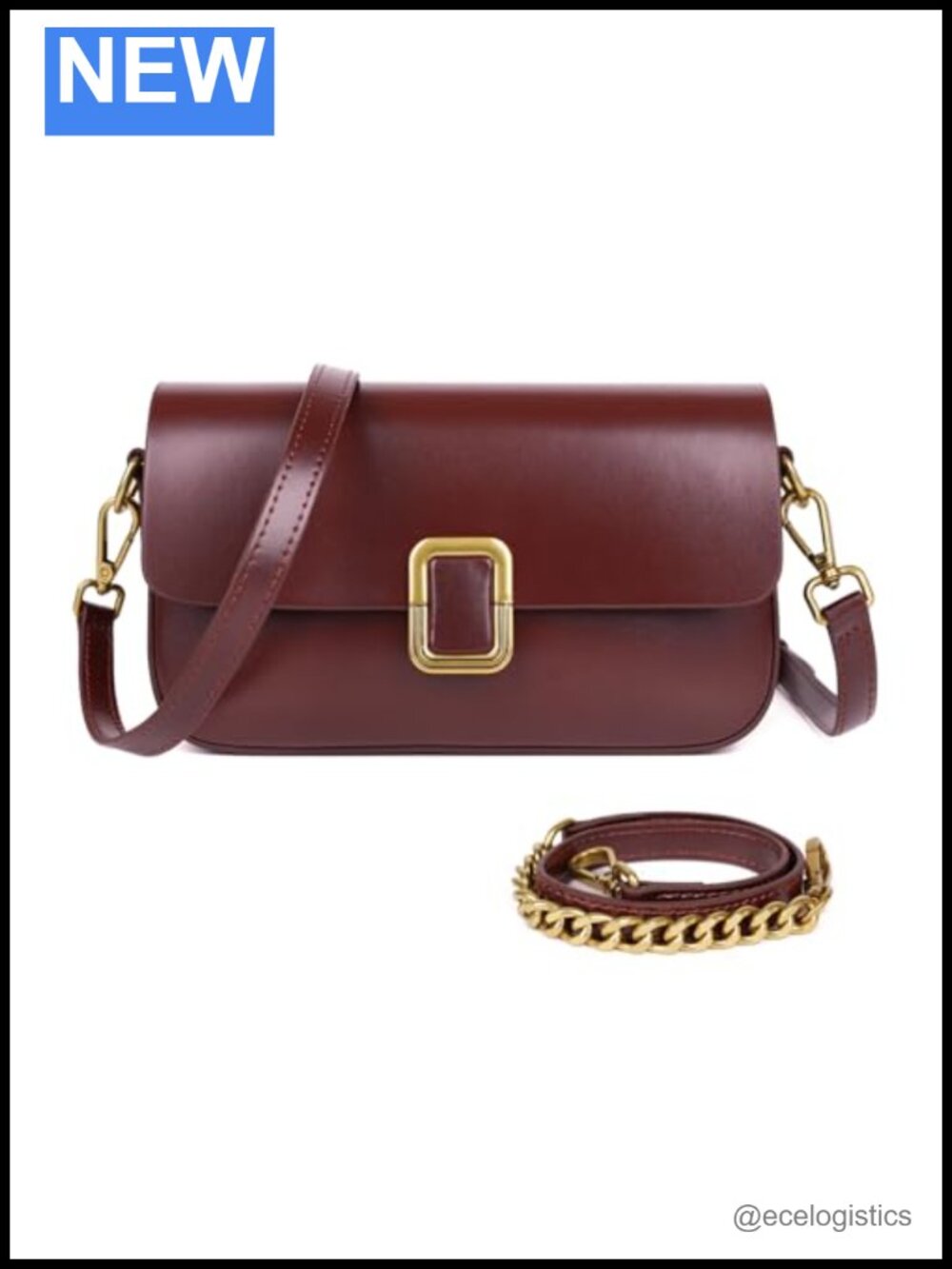 Genuine Leather Crossbody Bag with Adjustable Strap & Gold Chain